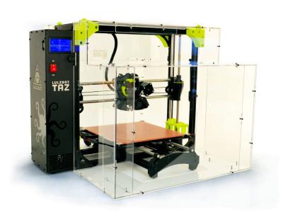3d printer with a black metal frame and layers of plexiglass windows