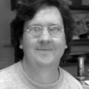 Black and white shot of Bernie in glasses